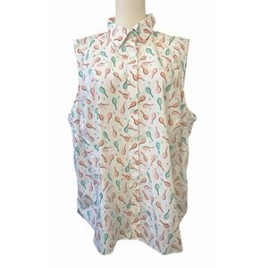 Lands End Shirt Womens 20W White No Iorn Supima Tennis Pickle Ball Print Casual